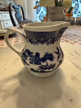 Blue and White Ceramic Creamer Pitcher with Willow Pattern